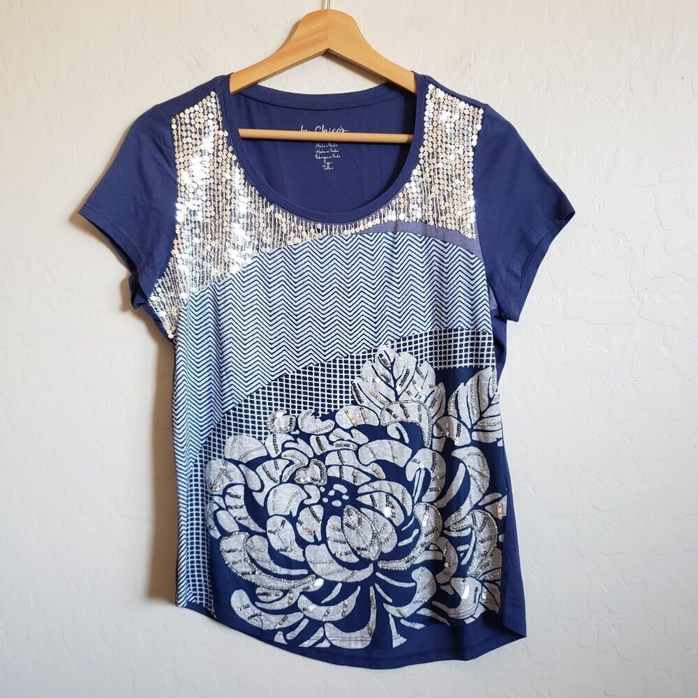 Chico's Eastern Splice Hollis High-Low Tee Blue Size Small Artsy Beaded Sequins